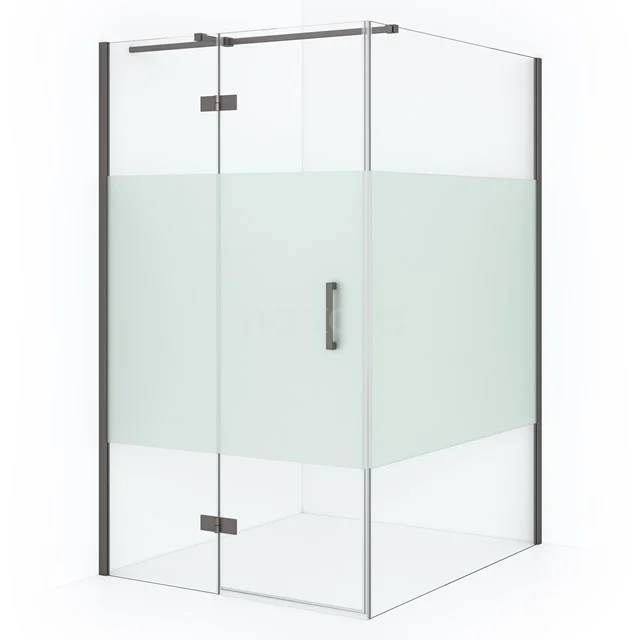 Duschkabine mit mattem Glas-Mittelstreifen, schwarzem Aluminiumrahmen und Scharnier-Tür, ideal für einen modernen Badezimmerstil.