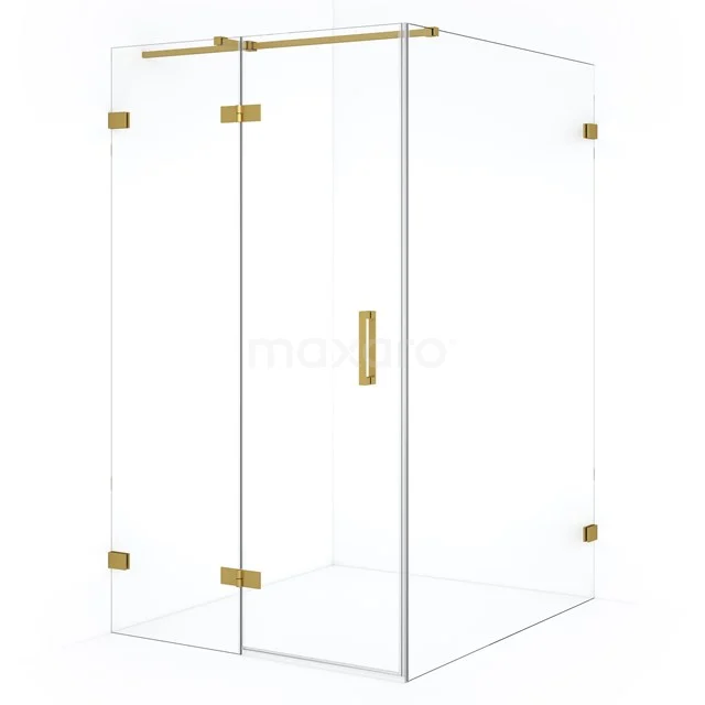 Tempered glass shower enclosure with gold hinges and handles, modern design for stylish bathroom decoration.