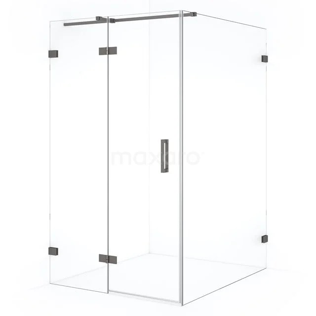 Shower enclosure with clear glass walls, metal hinges and modern design, ideal for stylish bathroom design.