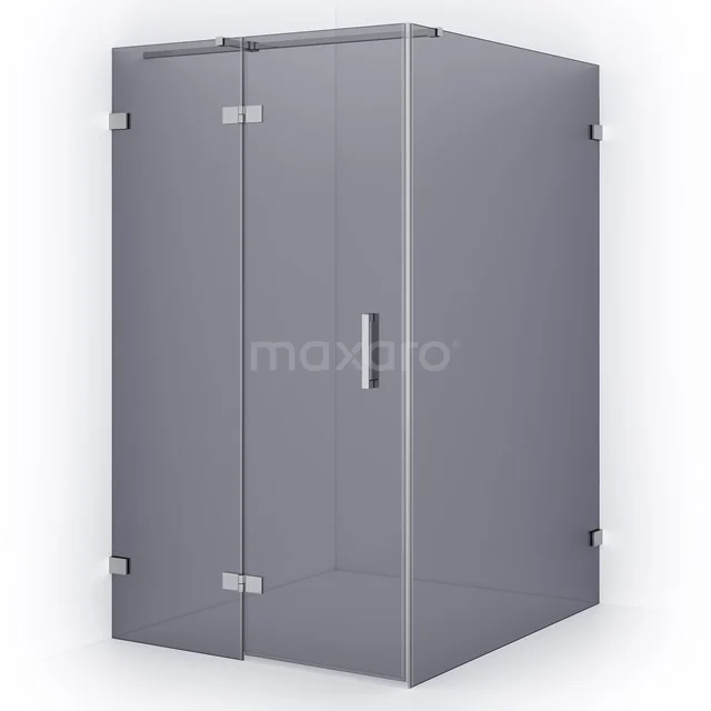 Glass shower enclosure with corner step, clear glass door, and stainless steel hinges; modern bathroom design with luxurious look.