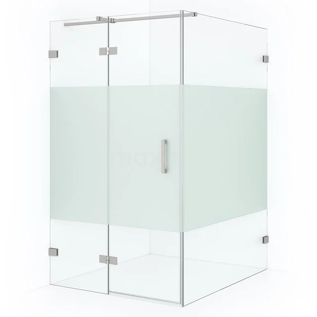 Corner shower cabin with frosted glass, stainless steel hinges and see-through panels, ideal for a modern bathroom.