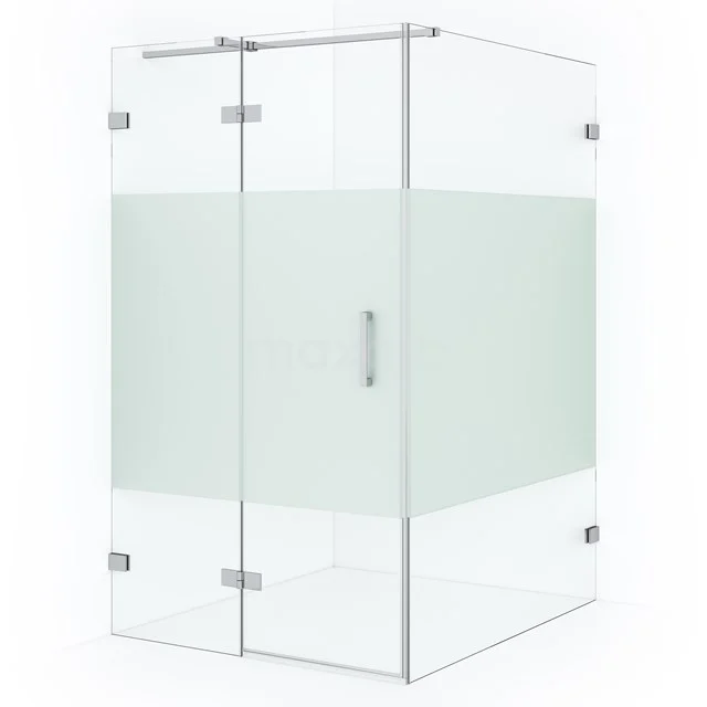 Glas Duschkabine mit Mattglasstreifen, Eckmodell, rostfreie Scharniere, ideal für ein modernes Badezimmer.