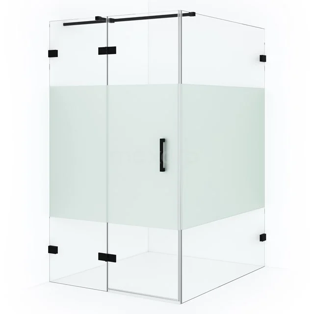 Shower enclosure square, clear glass with matte white panel, black accents and sliding door, modern design for the bathroom.