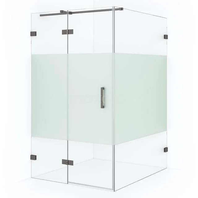 Shower enclosure square clear glass with frosted glass strip, stainless steel hinges, ideal for modern bathrooms.