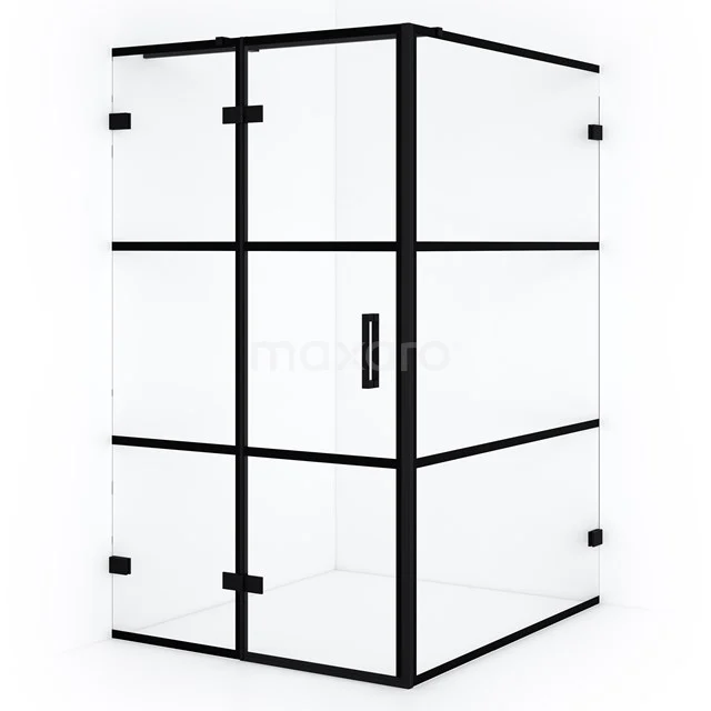 Black, angular glass shower enclosure with modern design lines; ideal for stylish bathroom design.