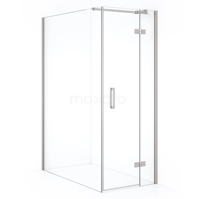 Shower enclosure with corner step, silver profiles and hinged door, perfect for a modern bathroom.