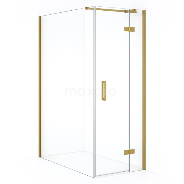 Glass shower enclosure with gold details, corner model, perfect for a luxurious bathroom design.