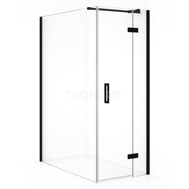 Glass shower enclosure with black accents, corner entry and black metal hinges, ideal for a modern bathroom.