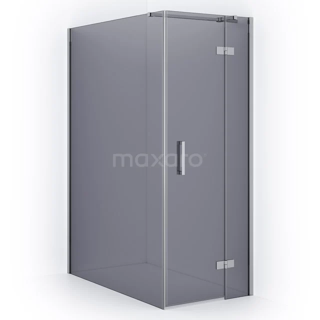 Glas Duschkabine mit silbernen Scharnieren und Haltegriff, Ecksysteem, ideal für ein modernes Badezimmer.