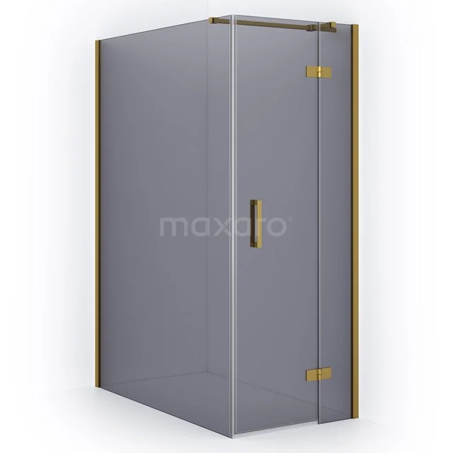 Glass shower enclosure with matt grey panels, gold hinges and handle, sleek design for a modern bathroom.