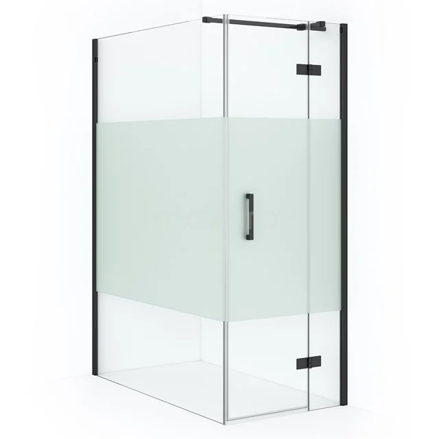 Shower enclosure with frosted glass central panel, black profiles and pivot door, stylish design for modern bathrooms.
