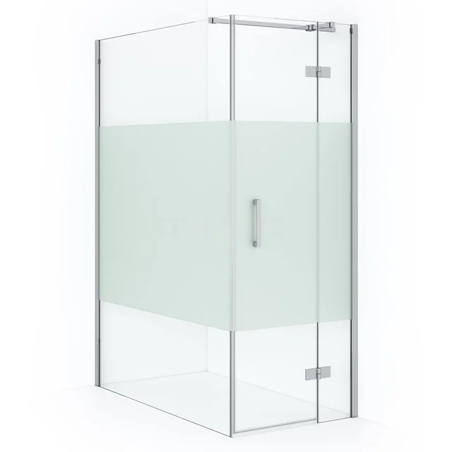 Modern glass shower enclosure with frosted strip, aluminium frame and pivot door; perfect for a stylish bathroom upgrade.
