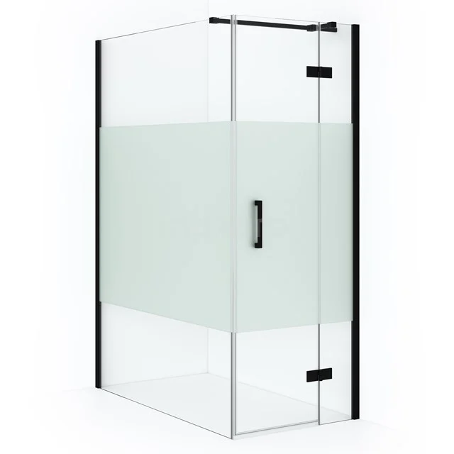 Shower enclosure with black profiles, clear and frosted glass, corner entry and hinged door, modern design for the bathroom.