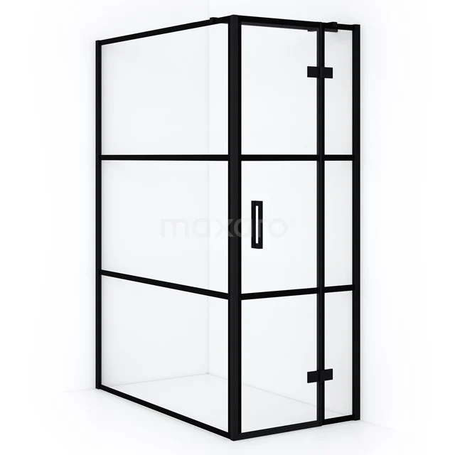 Schwarze industrielle Duschkabine mit Klarglas und Metallprofil, perfekt für einen modernen Badezimmerstil.