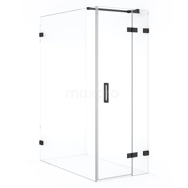 Diamond Shower cabin | 140x90 cm Black chrome Clear glass Pivot door Rectangle CDB223614320BC Frameless glass shower enclosure with matte black hinges, modern design, perfect for a luxurious bathroom style.