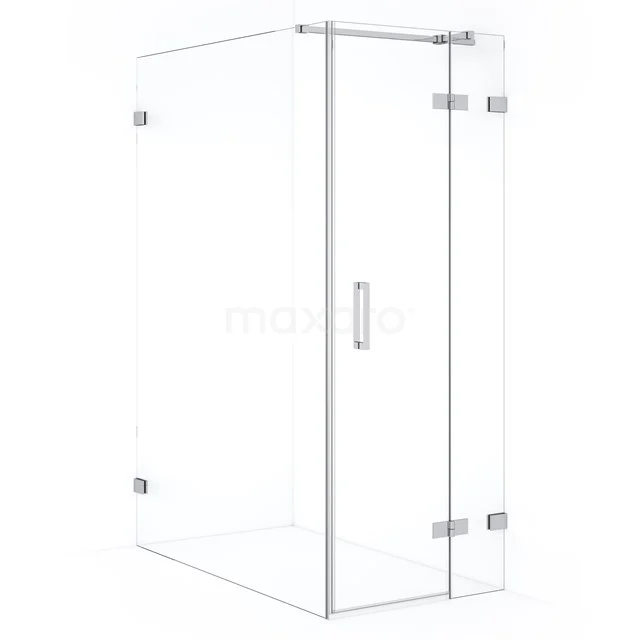 Glass shower enclosure with hinged doors, clear glass, stainless steel details, modern square shape for a stylish bathroom.