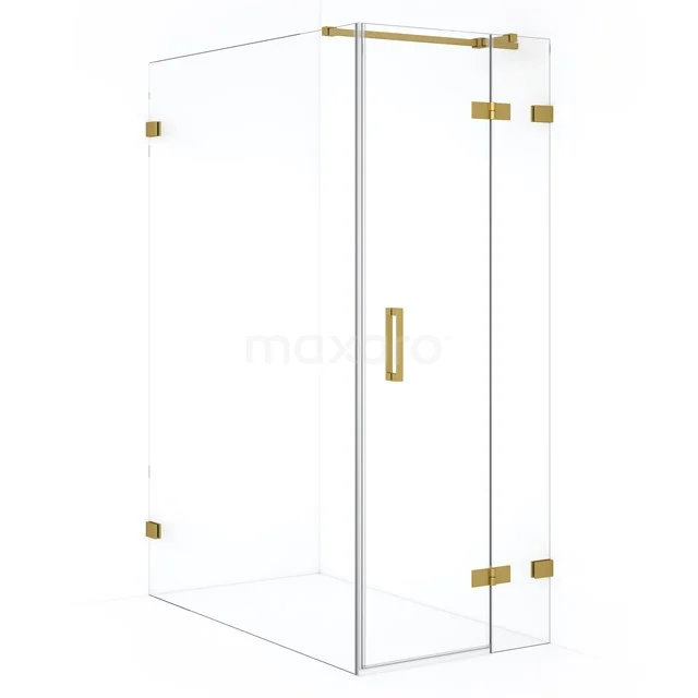 Shower enclosure with clear glass, gold-coloured hinges and door handle; luxurious design for a modern bathroom.