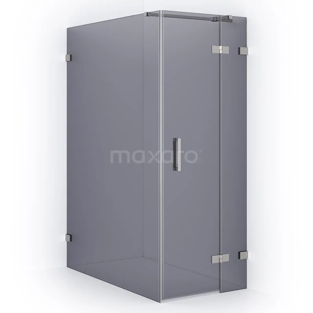 Grey glass shower enclosure with chrome hinges and handle, ideal for a modern bathroom style.