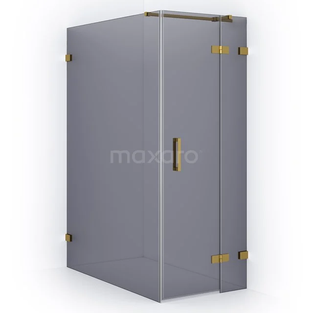 Graue Glas-Duschtür mit goldfarbenen Scharnieren und Haltegriff, geeignet für stilvolle Badezimmereinrichtungen.