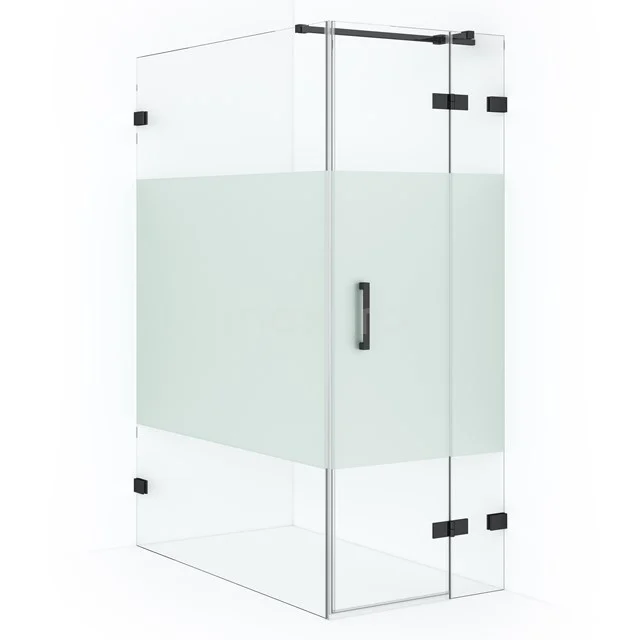 Diamond Duschkabine | 140x80 cm Schwarzchrom Drehtür Rechteck CDB223514323BC Moderne Glaskabine mit mattem Streifen, Eckdesign und schwarzen Metallelementen, perfekt für ein stilvolles Badezimmer.