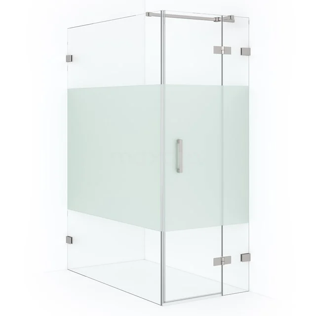 Glas Duschkabine mit mattem Glasband, Eckmodell, Edelstahl Scharniere und Haltegriff; modernes Design für jedes Badezimmer.