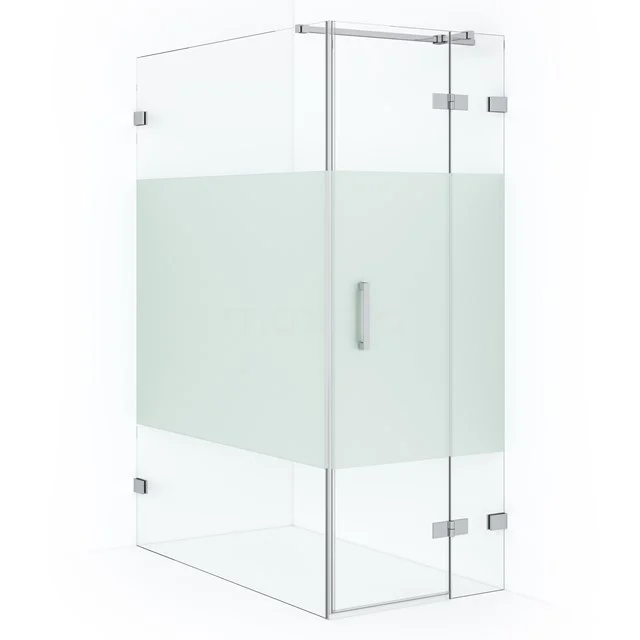 Glass shower enclosure with frosted glass, rectangular design, modern chrome fittings and pivot door, ideal for any stylish bathroom.