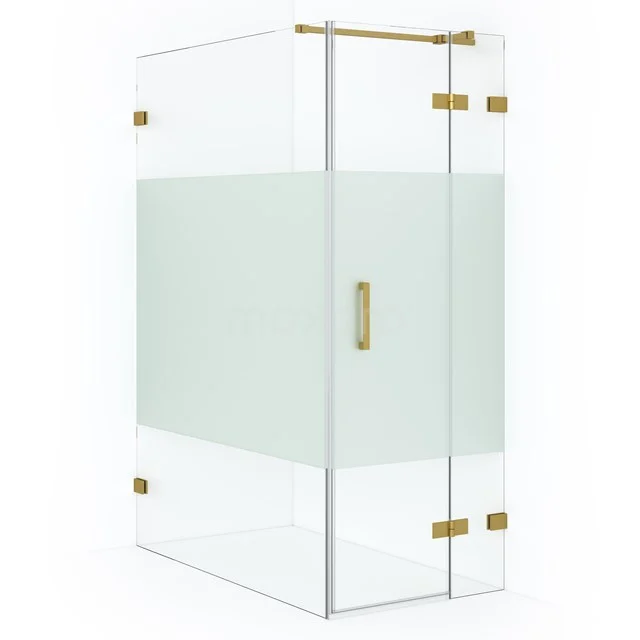 Glas Duschkabine mit Mattglas, goldfarbigen Scharnieren und Haltegriff; stilvoll und geeignet für moderne Bäder.