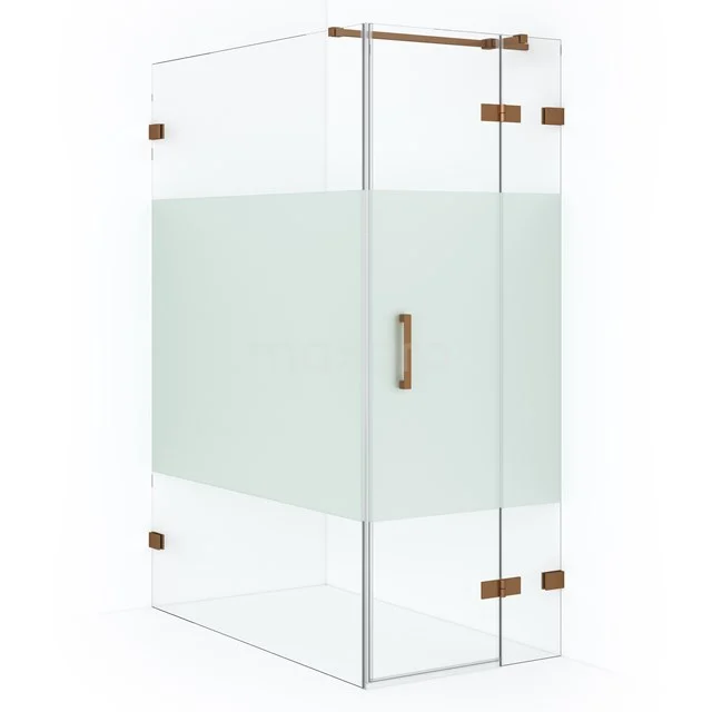 Glas Duschkabine mit mattem Glasstreifen, Messingscharniere und Haltegriff, modernes Design für luxuriöses Badezimmer.