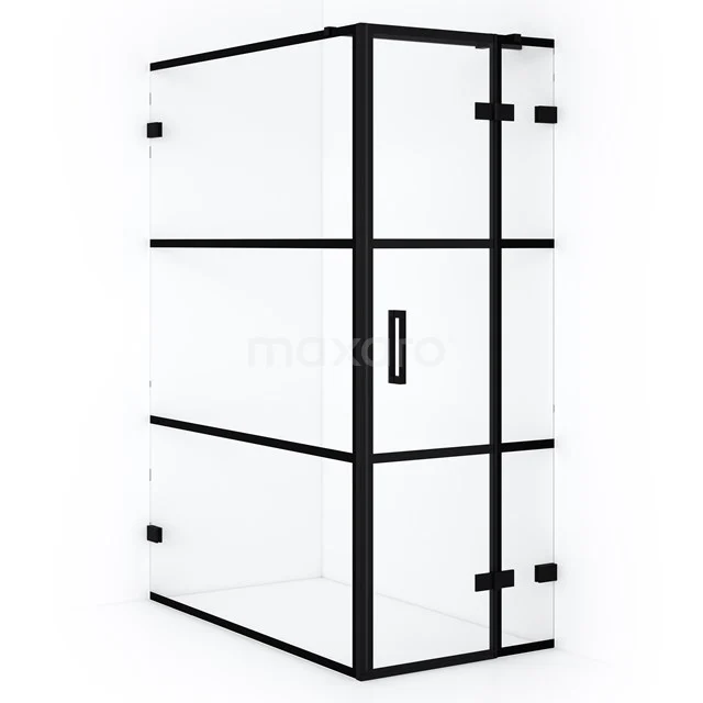 Diamond Shower cabin | 140x90 cm Matte black Clear with 4 black stripes Pivot door Rectangle CDB223614328MB Shower enclosure Black Line with matte black accents, frosted glass walls and corner step; modern eye-catcher for any bathroom.