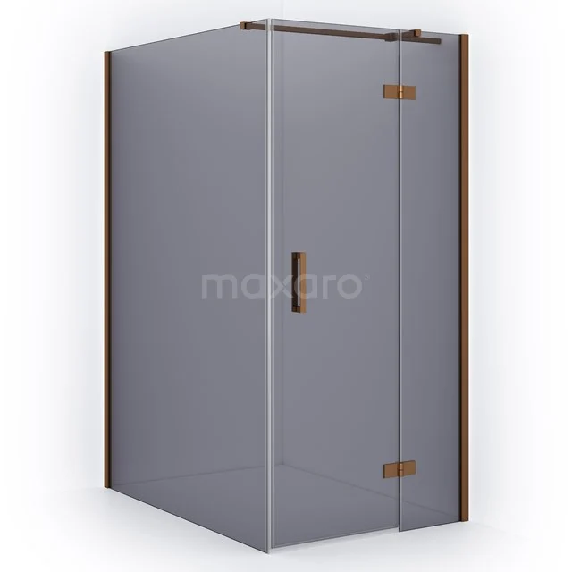 Shower enclosure with smoked glass, copper accents and angular shape, ideal for a stylish and modern bathroom design.