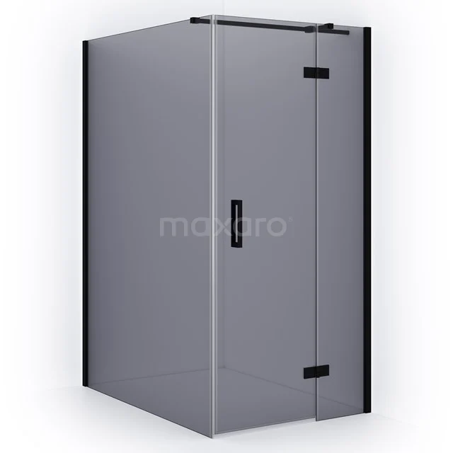 Corner shower cabin with black profile, clear glass and pivot door; modern design for a stylish bathroom.