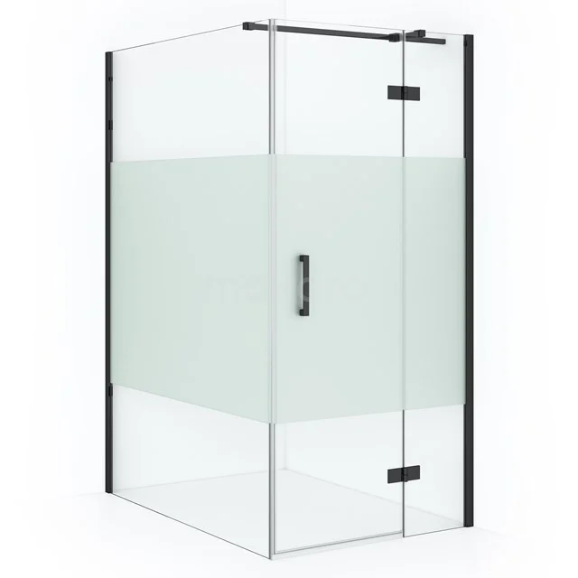 Shower enclosure with clear glass and matte white panel, black accents and pivot door, perfect for a modern bathroom.