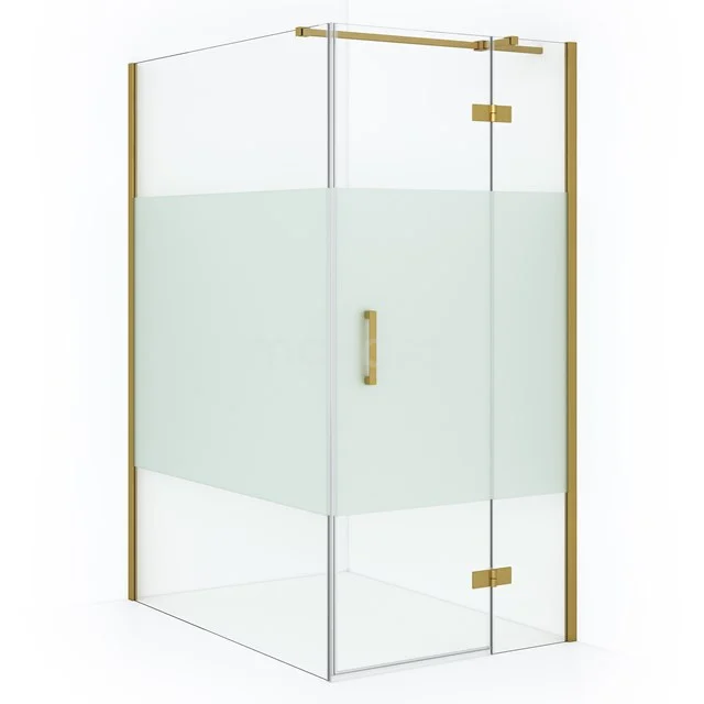 Shower enclosure with gold accents, glass doors and frosted glass detail, ideal for a modern bathroom style.