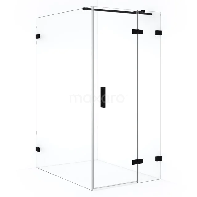 Glass shower enclosure with black metal accents, square shape, ideal for modern bathrooms.