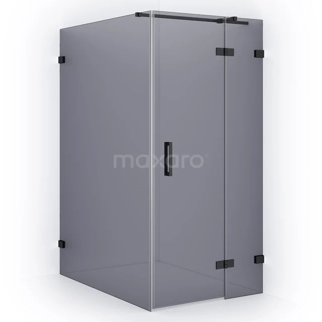 Corner shower cabin with matte black accents, frosted glass panels and sliding door; stylish bathroom design for modern spaces.