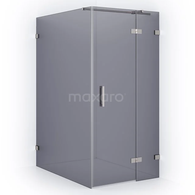 Shower enclosure with grey tint, sleek stainless steel hinges and minimalist handle, perfect for a modern bathroom.