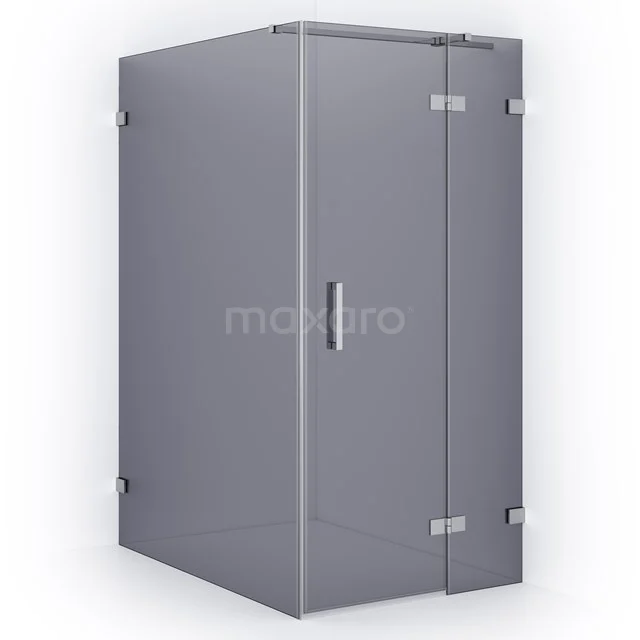 Grey shower enclosure with sleek corner doors, modern design and chrome hinges, ideal for a stylish bathroom.