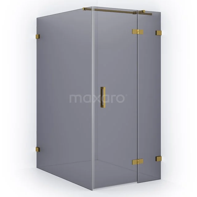 Grey glass shower enclosure with gold-coloured hinges, modern design, ideal for a luxurious bathroom.