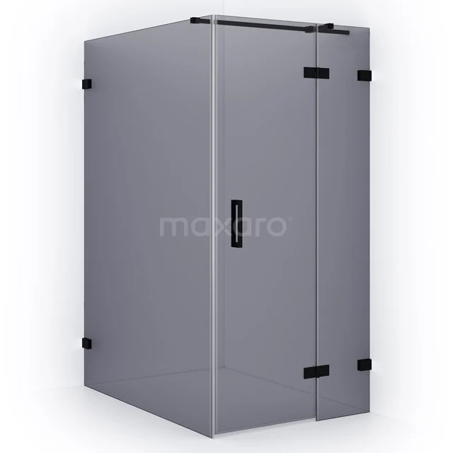 Grey glass shower enclosure with matte black details, sleek design and pivot door, ideal for a modern bathroom.