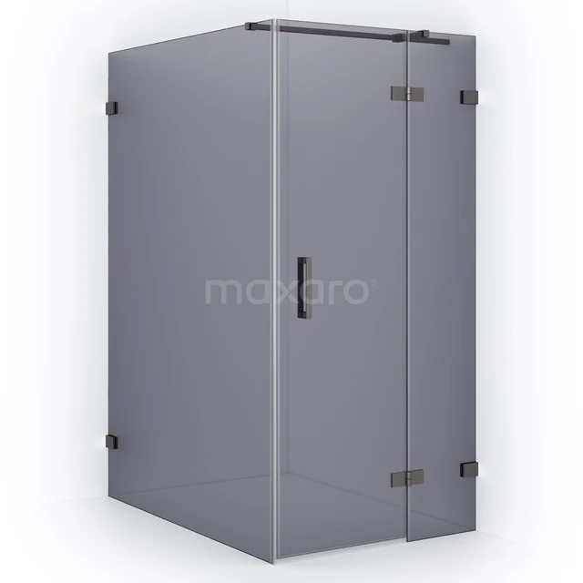 Grey glass shower enclosure with black hinges, square design and minimalist handle for a modern bathroom.