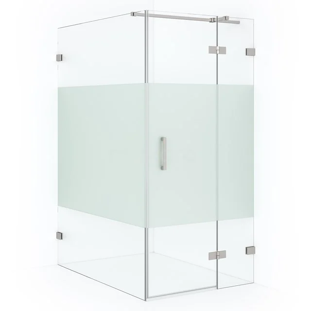 Shower enclosure with frosted glass strip, corner shape, stainless steel hinges and a modern look for the bathroom.