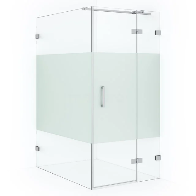 Glass shower enclosure with frosted glass, corner design and stainless steel hinges, ideal for a modern bathroom.