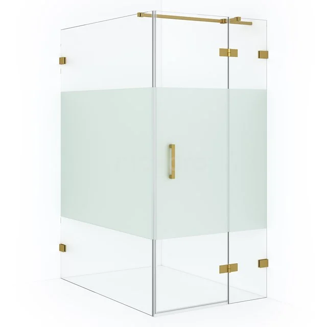 Glass shower enclosure with frosted glass in the centre, gold details and sliding door, perfect for a stylish bathroom.