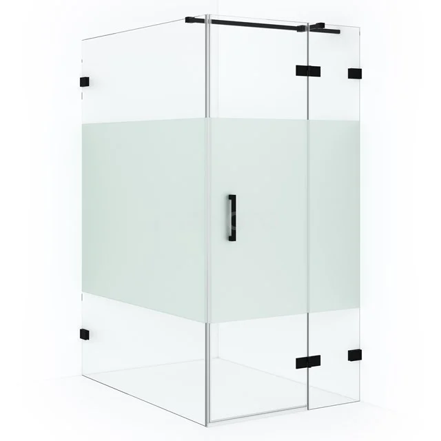 Glass corner shower with frosted privacy panel, black hardware and sleek design; ideal for a modern bathroom.
