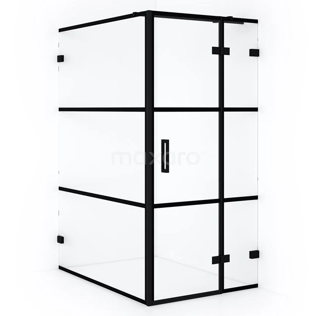 Modern black shower enclosure with clear glass and black metal profile, ideal for a stylish bathroom.