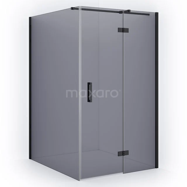 Corner shower cabin with black frame, clear glass and sliding door, ideal for a modern bathroom.