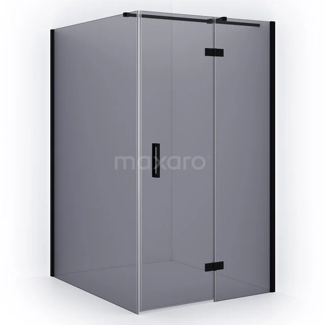 Corner shower cabin with matte black frame, glass doors and sleek design; modern bathroom accessory for compact spaces.