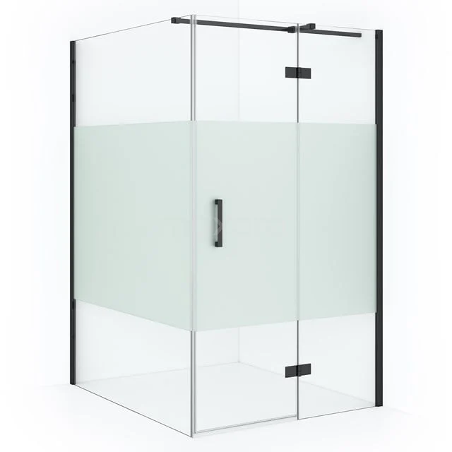 Shower enclosure with black frame, clear and frosted glass, minimalist design, ideal for a modern bathroom.