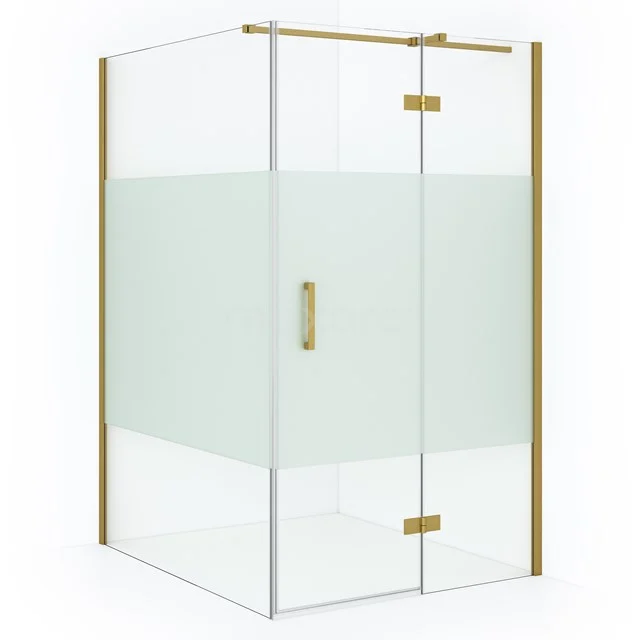 Shower enclosure with gold accents, clear glass and frosted glass strip, ideal for a luxurious look in the bathroom.