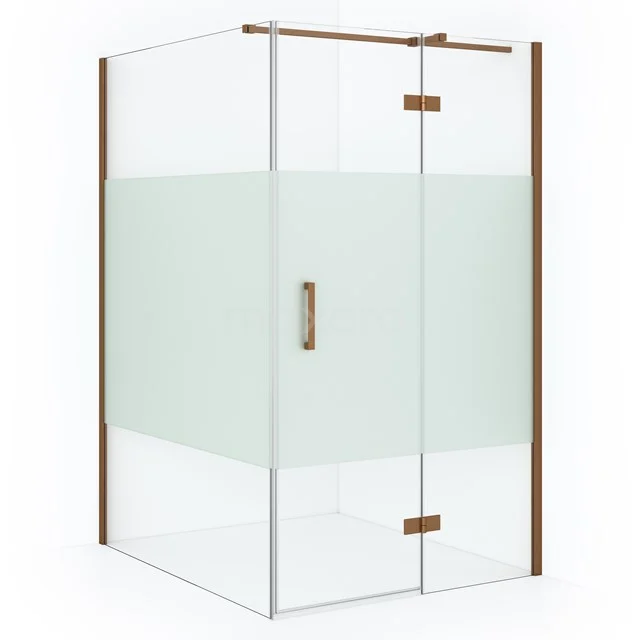 Eck-Duschkabine mit mattem Glas, klaren Linien und Holzakzenten; ideal für ein modernes Badezimmer.